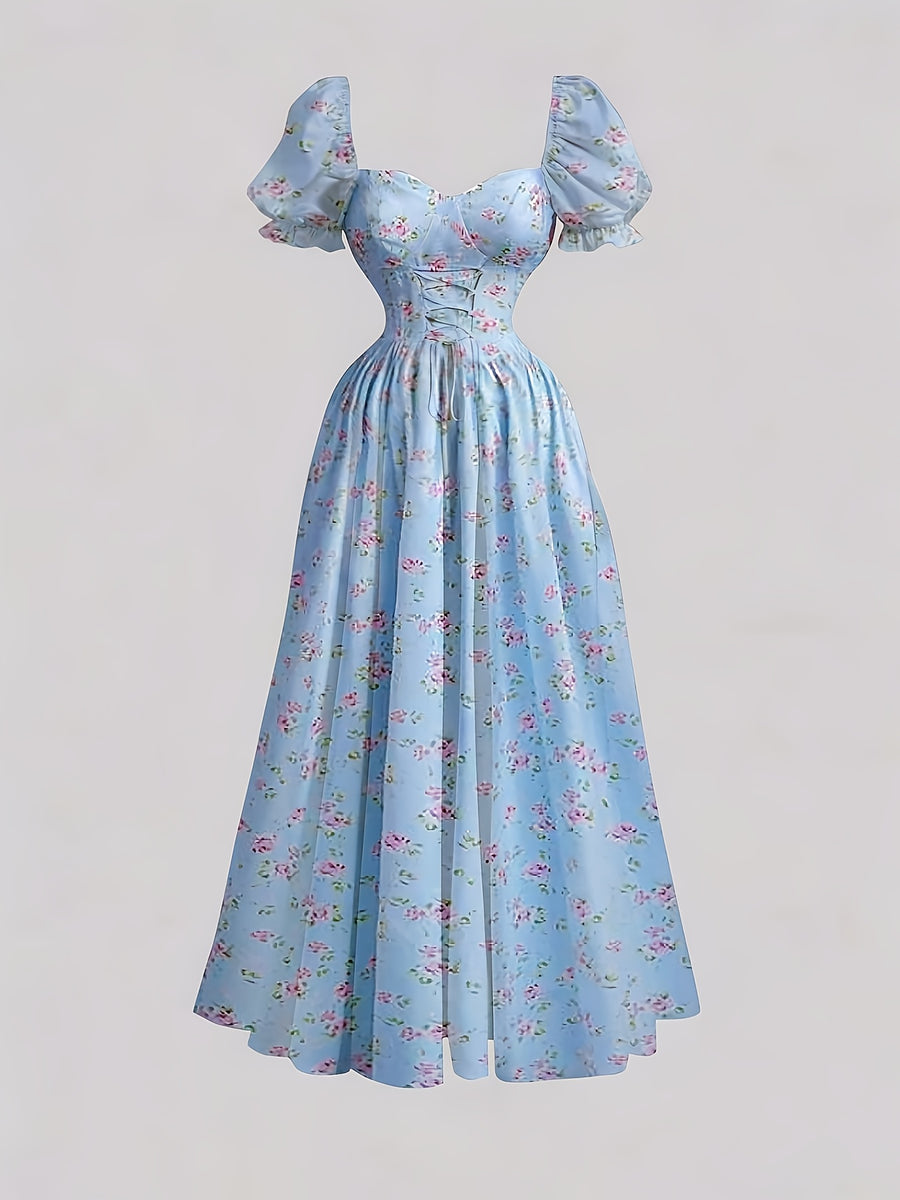 Ladies' New Spring And Summer Elegant Floral Print Long Dress, Bubble Sleeve Design, Front Waist Tie, Back Waist Shirred Waist, Elegant And Flowing, Romantic Long Dress, Suitable for Daily Wear, Party Gatherings, Vacation Holidays - Sky Blue