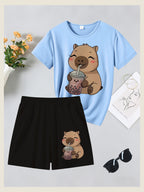 2pcs Women's Spring Summer Short Sleeve & Shorts Matching Outfit - Capybara Print Pajamas Gym Wear Sleepwear, Soft Breathable Pajamas, Valentine's Day Gift, Machine Washable 2pcs Set - Sky Blue+Black