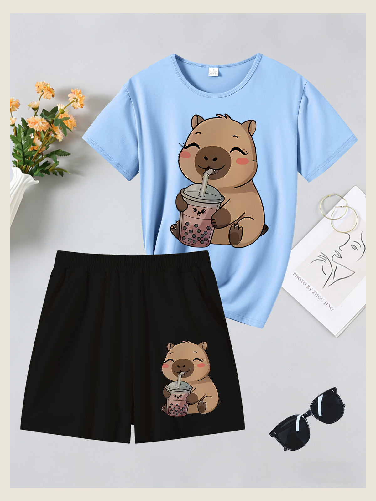 2pcs Women's Spring Summer Short Sleeve & Shorts Matching Outfit - Capybara Print Pajamas Gym Wear Sleepwear, Soft Breathable Pajamas, Valentine's Day Gift, Machine Washable 2pcs Set - Sky Blue+Black
