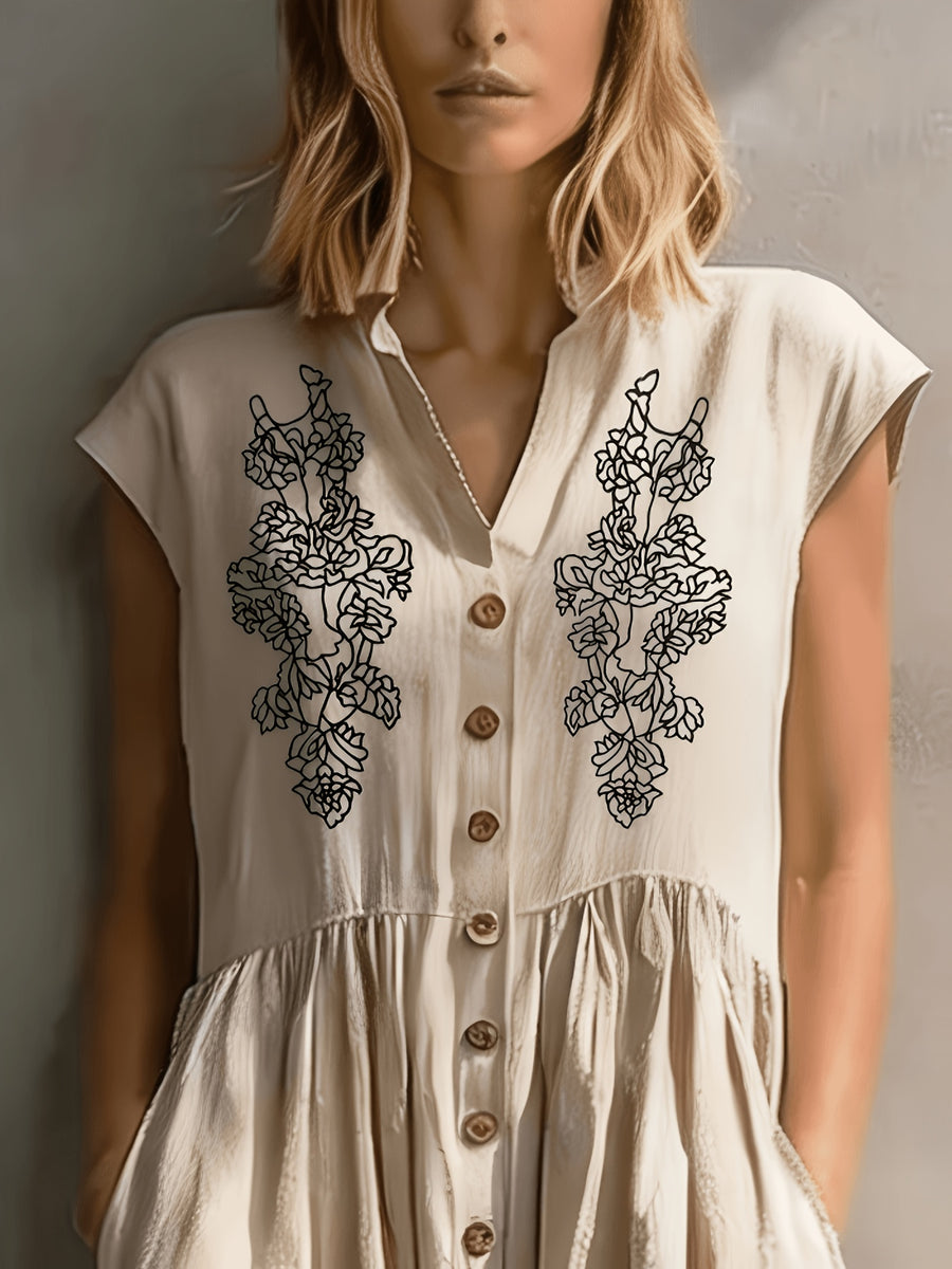 Bohemian Embroidered Sleeveless Jumpsuit Women'S Summer V-Neck Button-Ruffle Wide-Leg Overalls ZCDX - Off-white