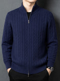 [Wading Whale OBM] Spring/Autumn New Men'S Knit Cardigan, Old Money Style Solid Striped Zipper Front Stand Collar Cardigan for Men, Business Casual Fashion Knitwear, Suitable for Spring, Autumn, Winter Layering Or Outerwear, Fits Daily Casual - Navy Color