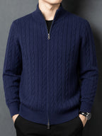[Wading Whale OBM] Spring/Autumn New Men'S Knit Cardigan, Old Money Style Solid Striped Zipper Front Stand Collar Cardigan for Men, Business Casual Fashion Knitwear, Suitable for Spring, Autumn, Winter Layering Or Outerwear, Fits Daily Casual - Navy Color