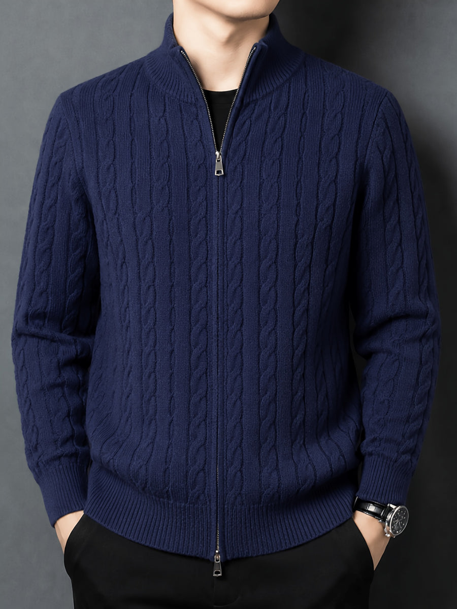 [Wading Whale OBM] Spring/Autumn New Men'S Knit Cardigan, Old Money Style Solid Striped Zipper Front Stand Collar Cardigan for Men, Business Casual Fashion Knitwear, Suitable for Spring, Autumn, Winter Layering Or Outerwear, Fits Daily Casual - Navy Color