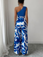 Women's Elegant Off-Shoulder Floral Print Jumpsuit - Blue