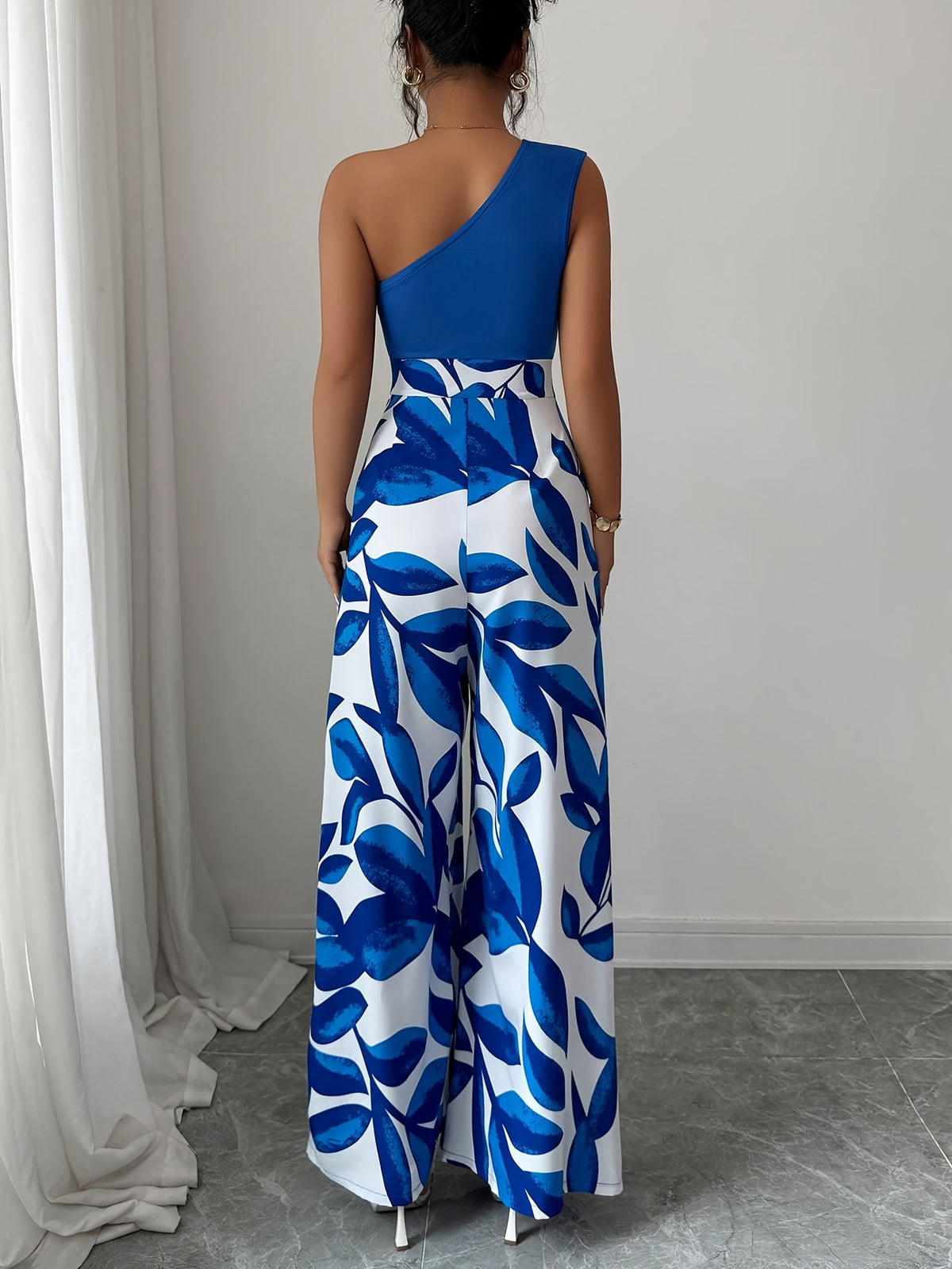 Women's Elegant Off-Shoulder Floral Print Jumpsuit - Blue
