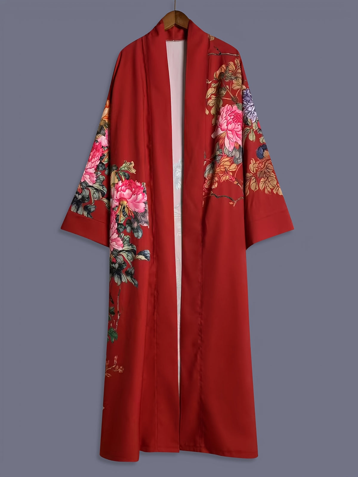 Japanese-style Rose Print Mid-length Three-quarter Sleeve Kimono Cardigan, Lightweight Outerwear for Women, Elegant European and American Ethnic-inspired Streetwear Casual Cover-up, Beach Vacation Travel Uchikake-style Thin Cape Coat, Home Yukata - Burgundy