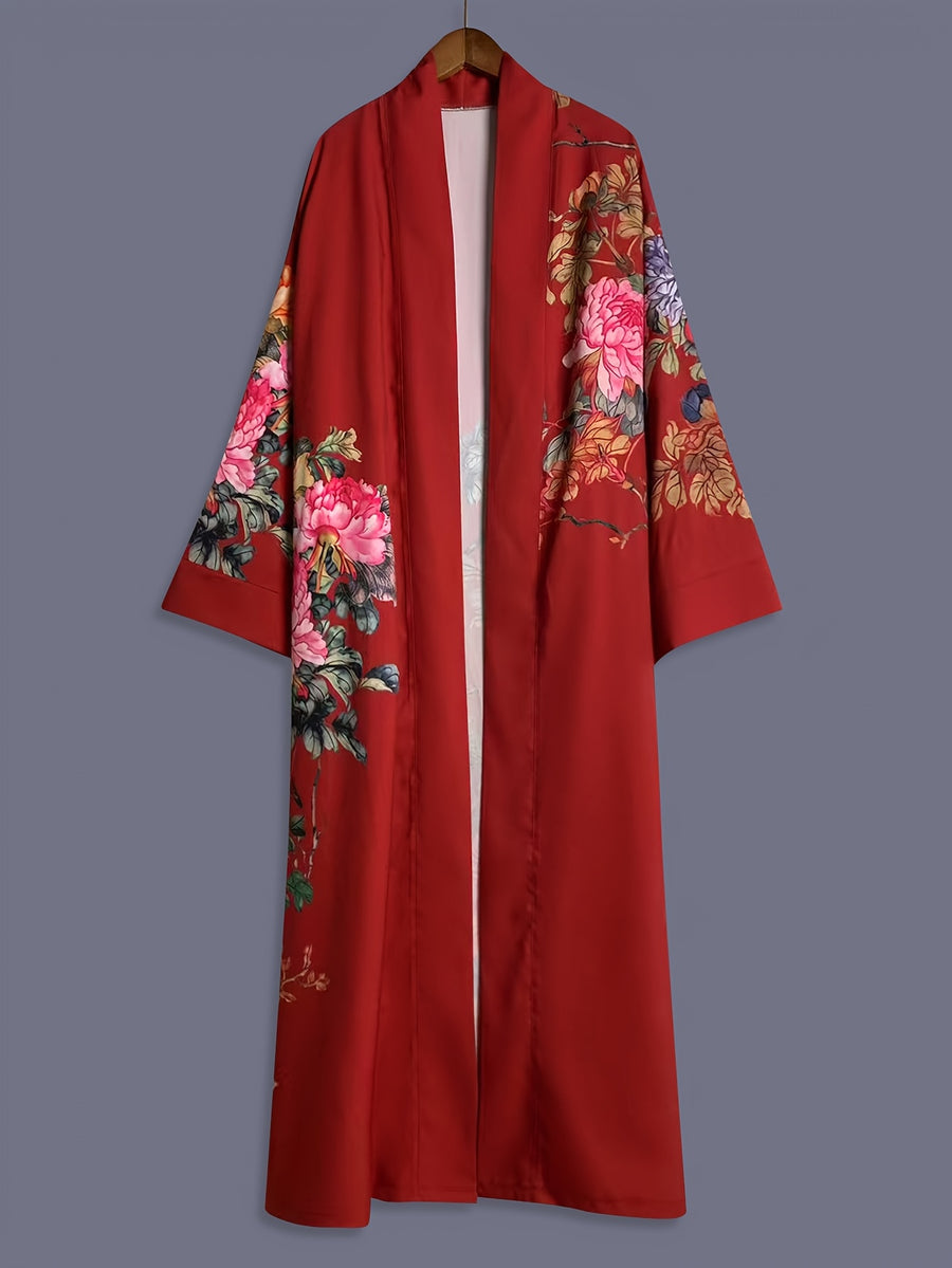 Japanese-style Rose Print Mid-length Three-quarter Sleeve Kimono Cardigan, Lightweight Outerwear for Women, Elegant European and American Ethnic-inspired Streetwear Casual Cover-up, Beach Vacation Travel Uchikake-style Thin Cape Coat, Home Yukata - Burgundy