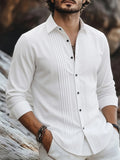 Men's Linen Guayabera Shirt with Lapel Collar & Button Front Panel - Accordion Pleat Chest Texture, Long Sleeve Button-Front Closure Suitable for Beach, Casual, -Casual Wear, Year-Round Versatile Formal & Everyday Button-Up Shirt - White
