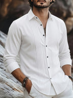 Men's Linen Guayabera Shirt with Lapel Collar & Button Front Panel - Accordion Pleat Chest Texture, Long Sleeve Button-Front Closure Suitable for Beach, Casual, -Casual Wear, Year-Round Versatile Formal & Everyday Button-Up Shirt - White