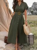 Women's Fashion V-Neck Solid Color Slit Dress - Army Green