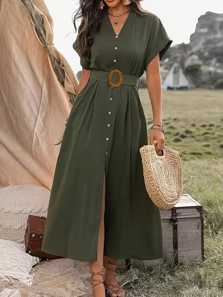 Women's Fashion V-Neck Solid Color Slit Dress - Army Green