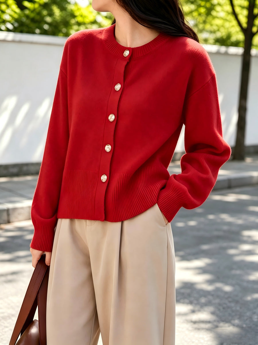 Cozy Women's Cardigan with Floral Button Accents, Soft Stylish Cardigan for Casual Daily Wear - Red