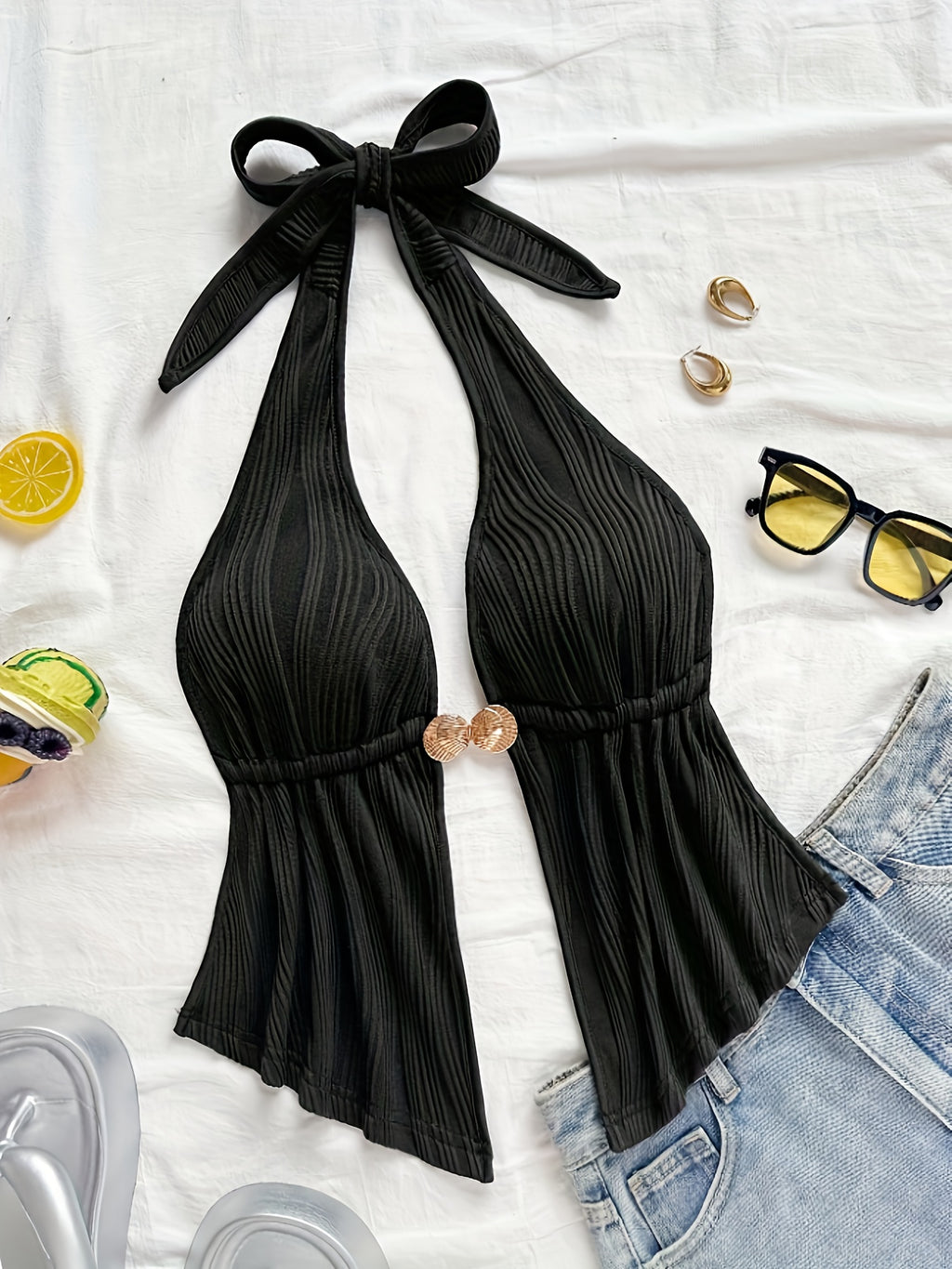 Sexy V-Neck Metallic Detail Backless Cami with Ruffled Hem Top - Black