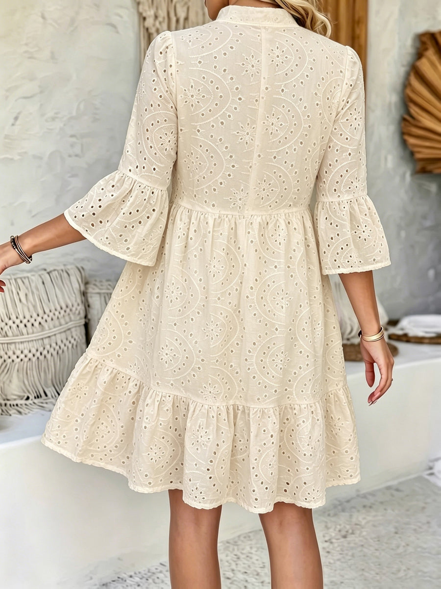 Women's White Hollow Embroidered Notch Collar Multi-Layer Split A-Hem Dress for Spring - Apricot