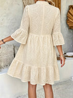 Women's White Hollow Embroidered Notch Collar Multi-Layer Split A-Hem Dress for Spring - Apricot