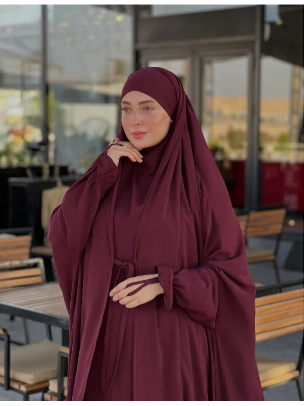 New Women's Middle Eastern Dubai Turkish Abaya Headscarf Matching S Casual Pants Set P303 - Burgundy