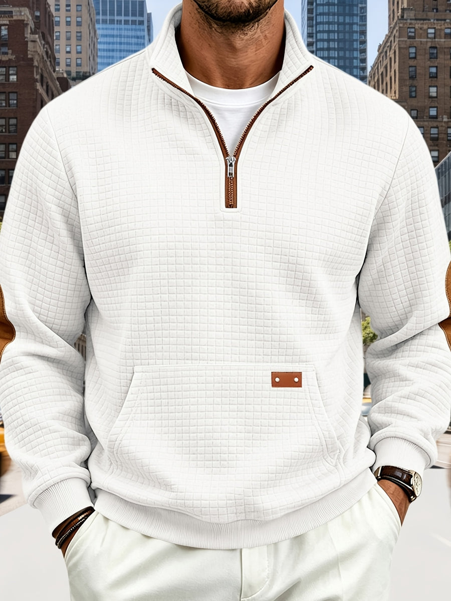 Men's Waffle Knit Casual Loose-Fit Long Sleeve Color-Block Stand Collar Half-Zip Autumn/Winter Sweatshirt - White