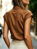 Women's Elegant -Neck Short-Sleeve Shirt - -Front Placket, Striped Collar Top, Machine Washable Suitable for Commuting, Office & Semi-Formal Wear, Year-Round Versatile -Front Shirt - Coffee Color