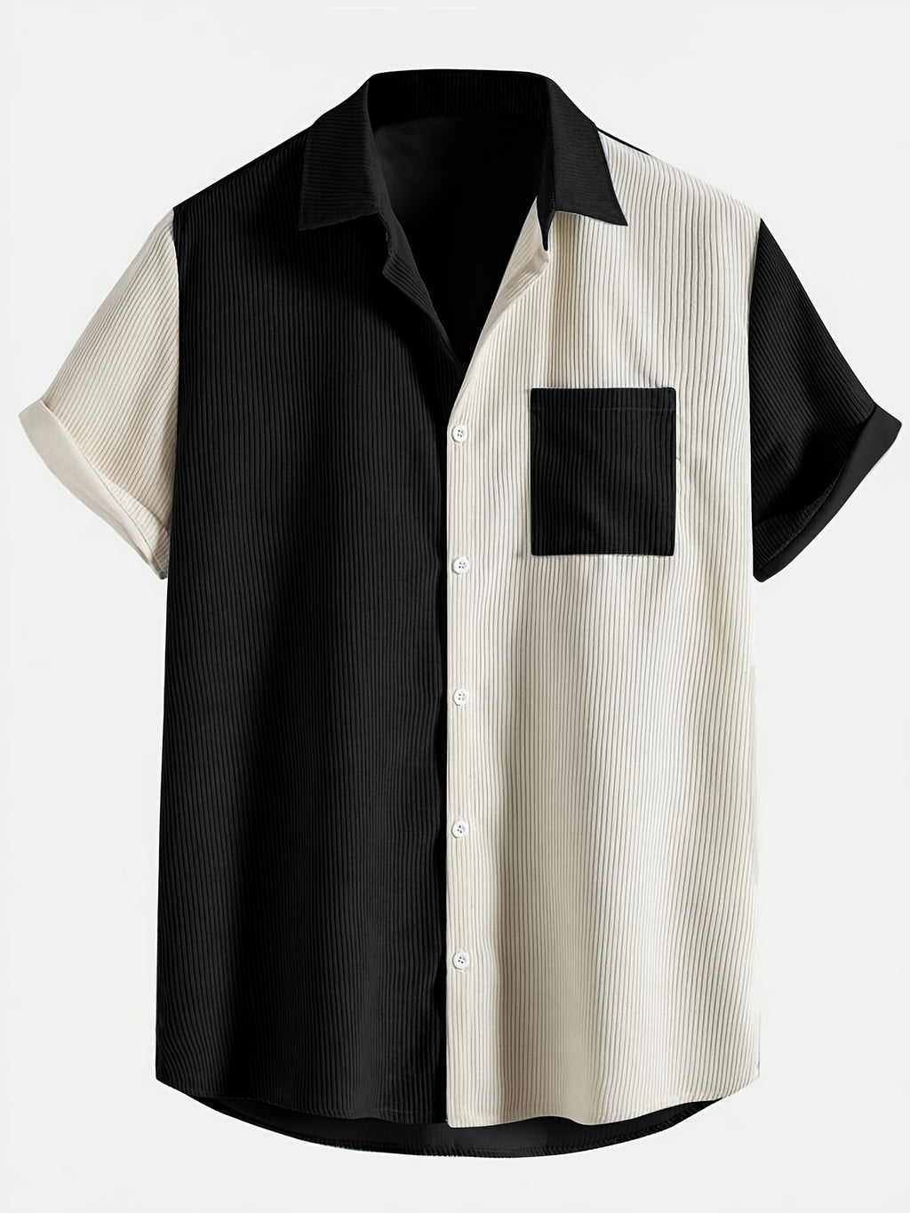 Men's Corduroy Patchwork Short-Sleeve Shirt - Black