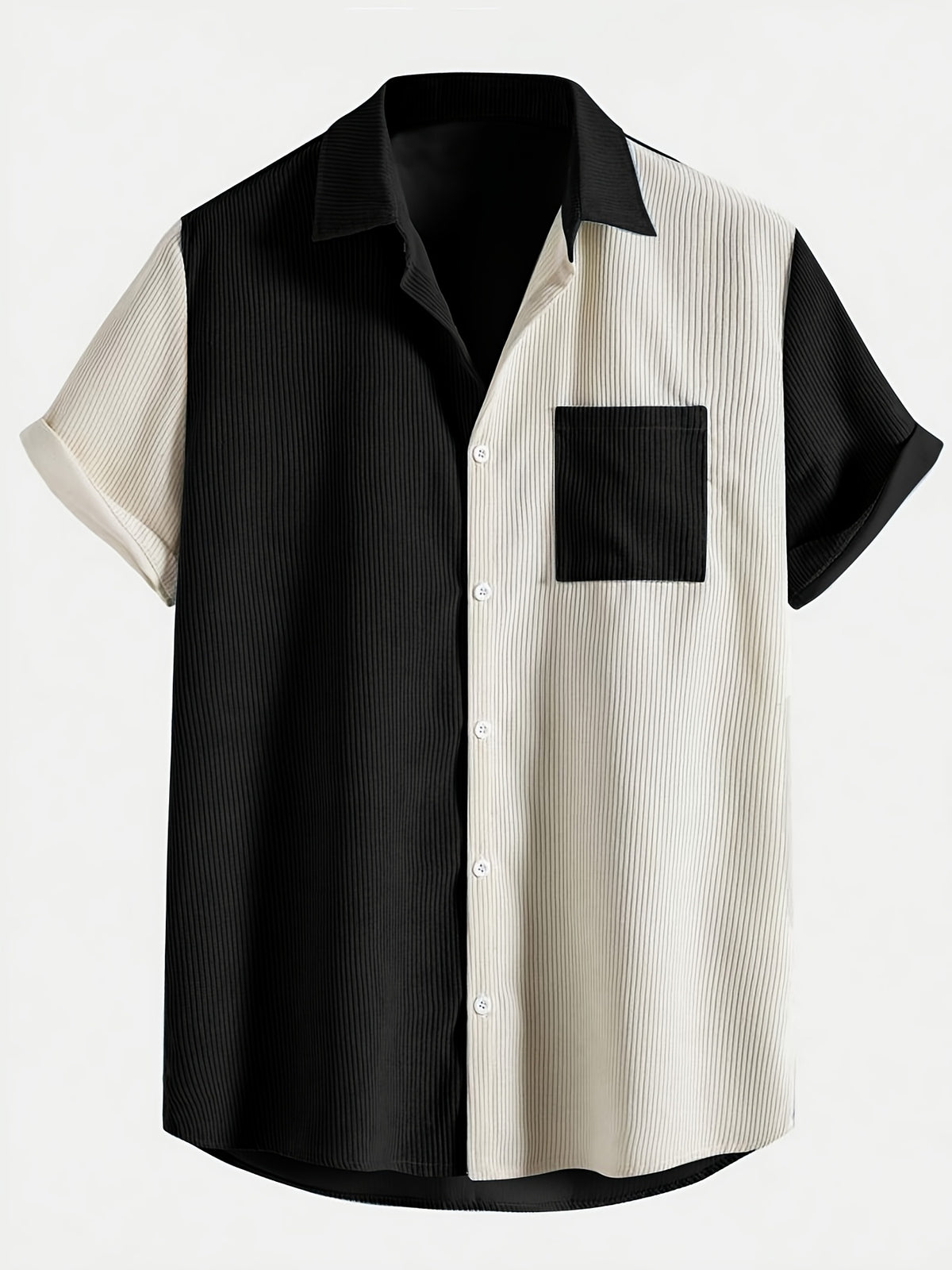 Men's Corduroy Patchwork Short-Sleeve Shirt - Black
