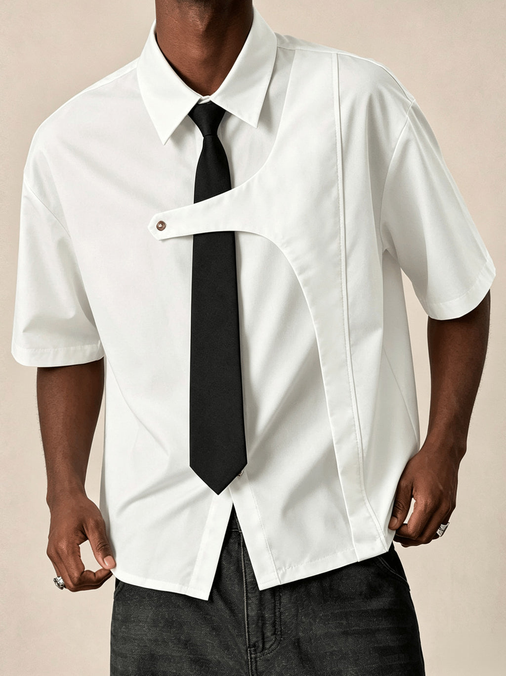 Men's Casual Short-Sleeve Shirt, Back to School New Summer Style White Short-Sleeve Shirt with Lapel Collar, Includes Free Tie, Suitable for Daily Outings, Campus Dates, and as a Gift for Boyfriend, Stylish and Versatile Solid Color Casual Shirt - White