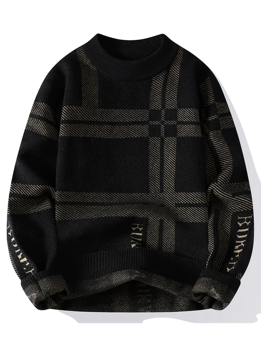 2026 Autumn/Winter New Men'S Round Neck Jacquard Sweater Fashion Contrast Knitted Hoodie Casual Top - Black