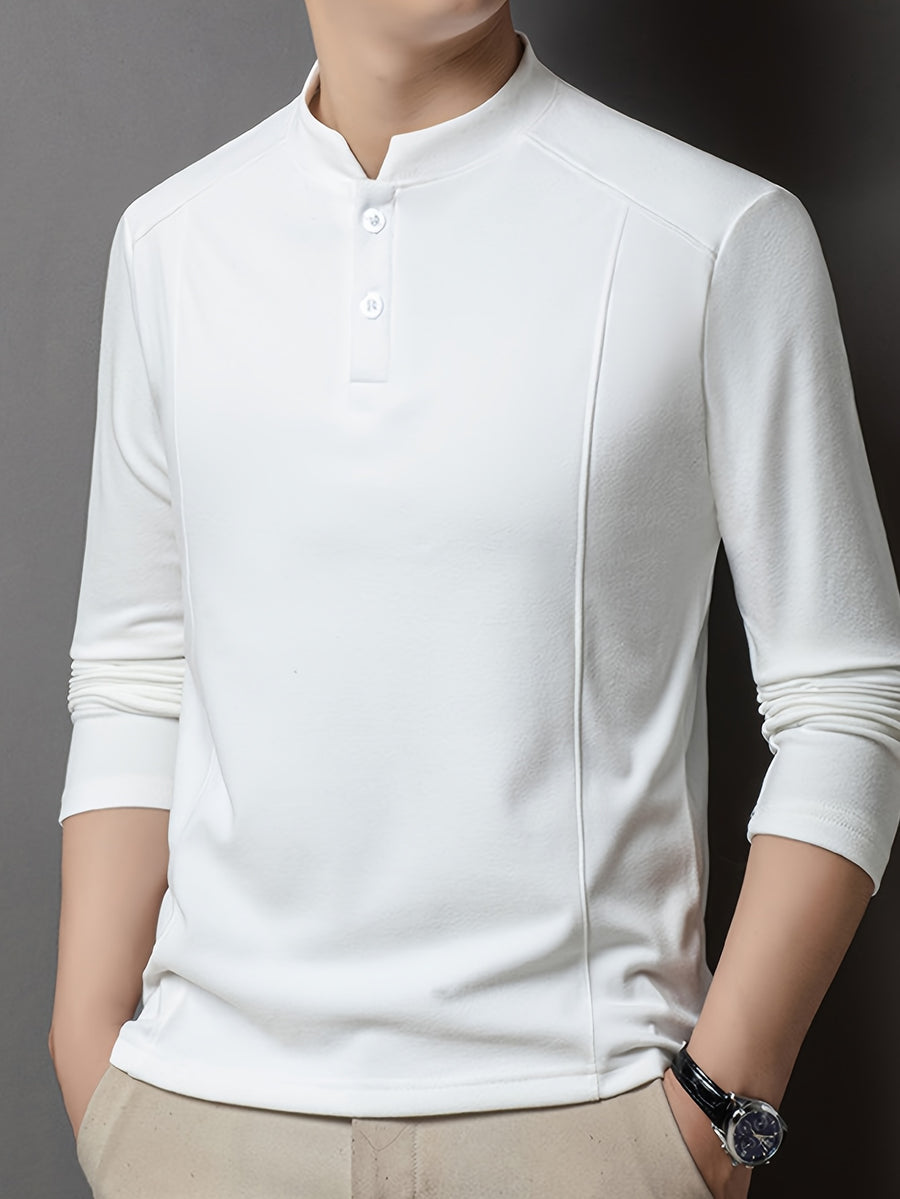 Men's Henley Neck Long Sleeve Base Layer Shirt, Slim Fit but Not Tight, Suitable for Middle-Aged Men, with a Light Business-Casual Vibe. -SINBOS - White