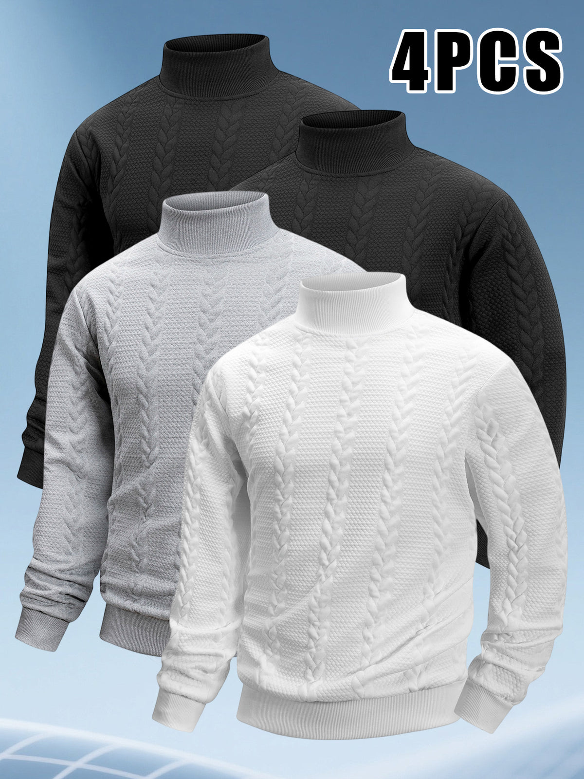 4pcs Men's Stand Collar Knit Textured Long-Sleeve Sweatshirt, Fashionable Comfortable Breathable Casual Sportswear, Solid Color Versatile Trendy Athletic Top, Pilling-Resistant, Ribbed Cuffs, Suitable for Outdoor Sports, Daily Wear, Running, Fitness - Black+Black+Natural White+Light Gray