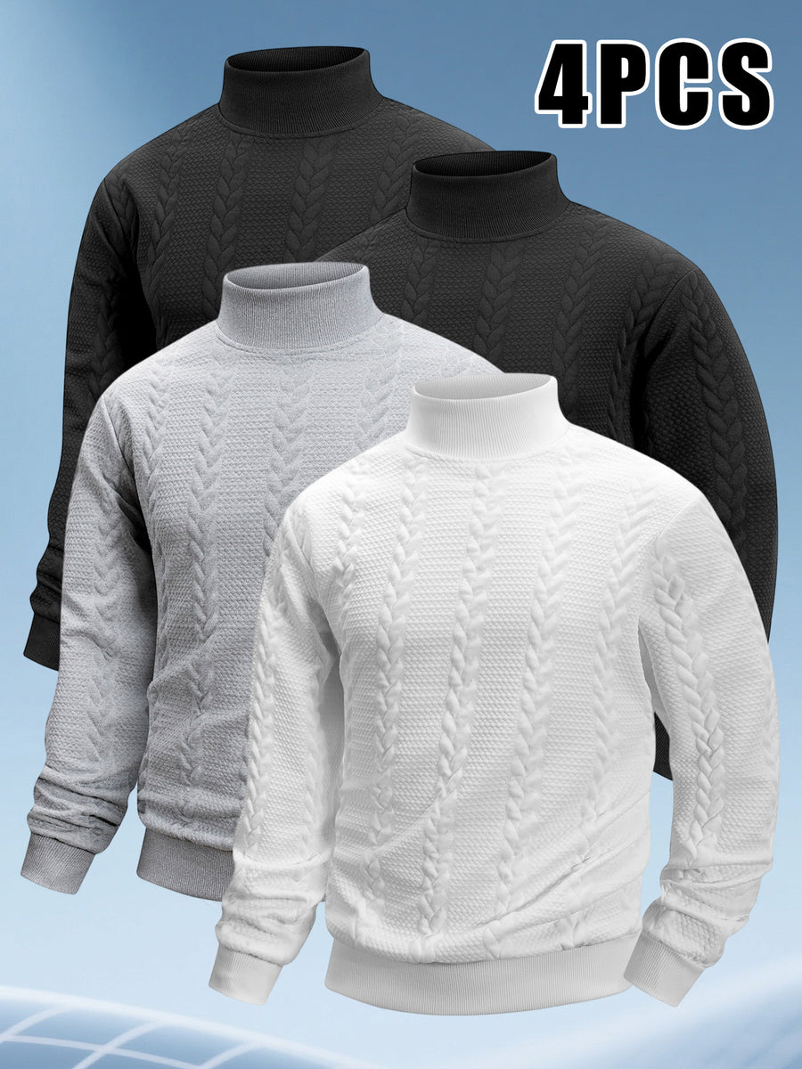 4pcs Men's Stand Collar Knit Textured Long-Sleeve Sweatshirt, Fashionable Comfortable Breathable Casual Sportswear, Solid Color Versatile Trendy Athletic Top, Pilling-Resistant, Ribbed Cuffs, Suitable for Outdoor Sports, Daily Wear, Running, Fitness - Black+Black+Natural White+Light Gray
