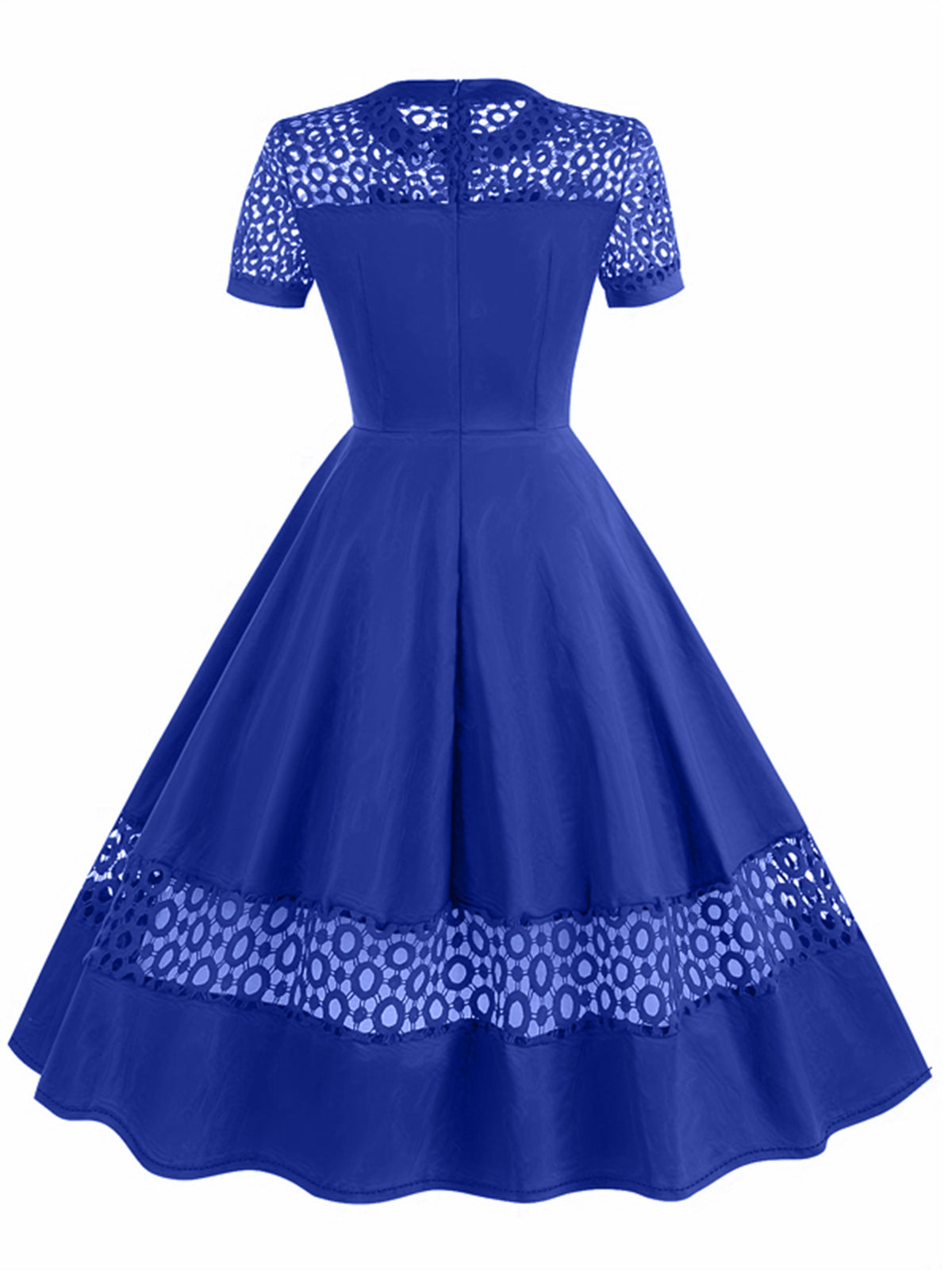 Vintage 50s Women's Dress with Round Neck, Lace Trim, and Short Sleeves - Blue