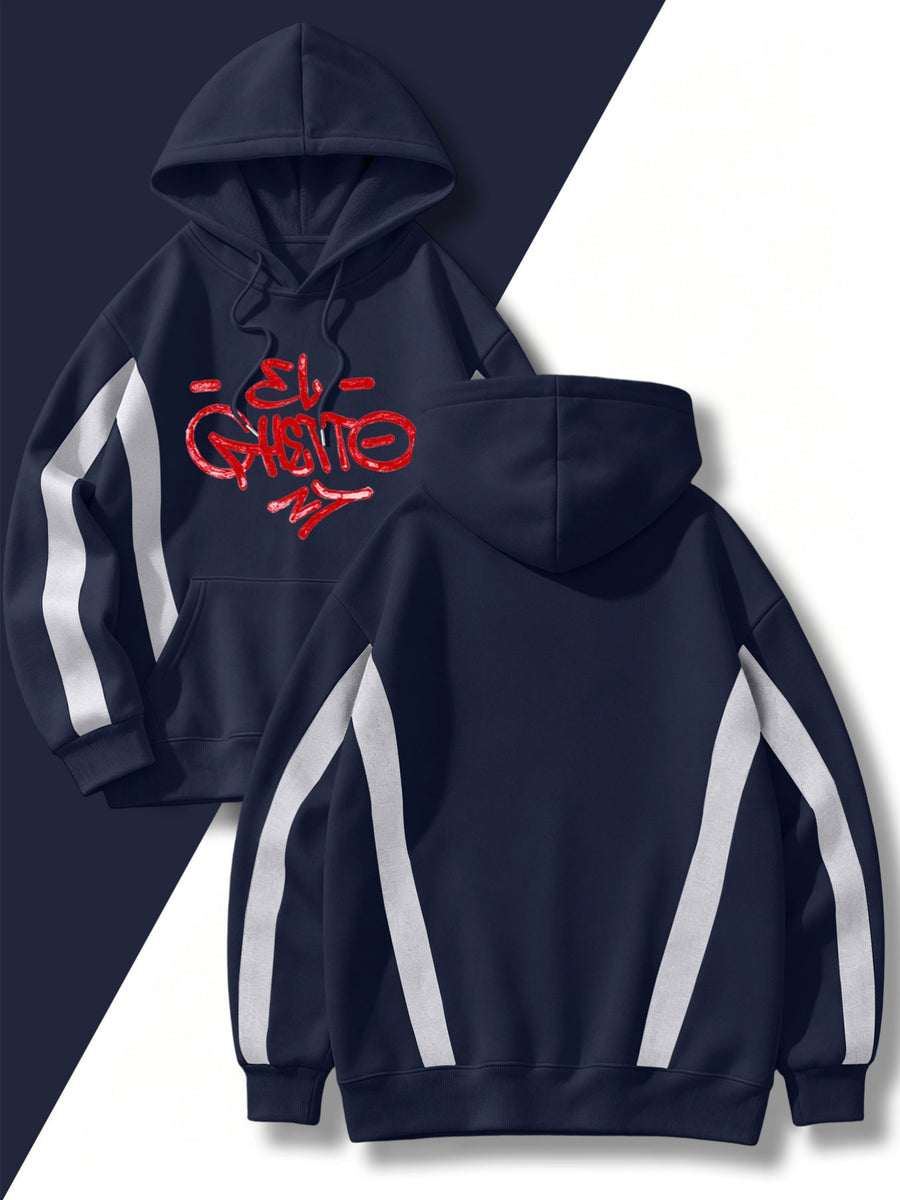 4pcs Set: Autumn/Winter Men's Pullover Hooded Sweatshirt with Diagonal Contrast Color Line Cut on Sleeves, Street Style Top. Features Adjustable Drawstring and Large Kangaroo Pocket for Storing Phones and Small Items. Made of Skin-Friendly - Navy Blue+Navy Blue+Navy Blue+Navy Blue