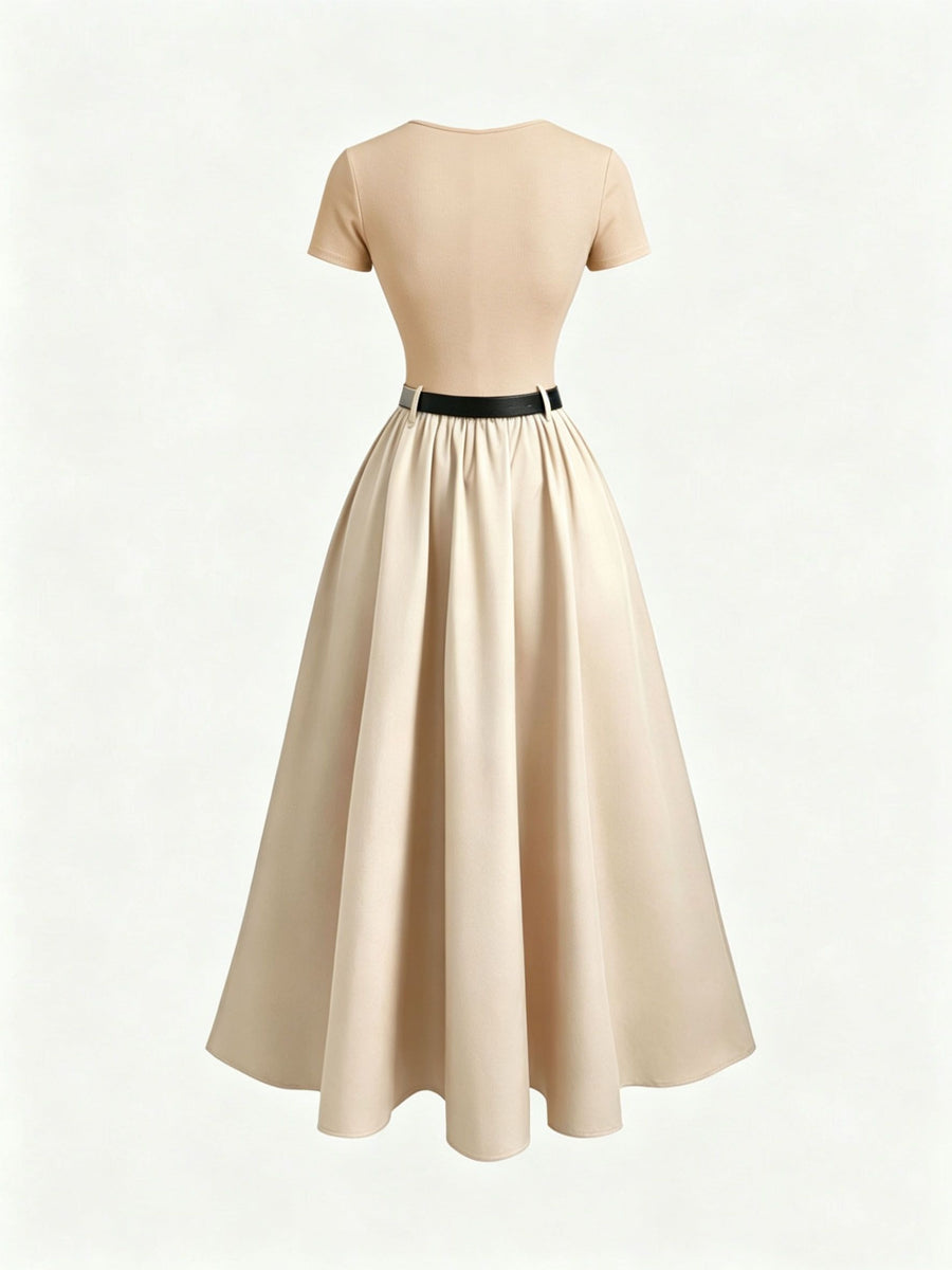 Round Neck Short Sleeve Dress with Belt, Temperament And Beauty, Women'S Spring Summer New Women'S Clothing, Most Frequently Purchased Women'S Clothing by Koreans, Casual Elegant Women'S Clothing, Hot Styling, Women'S Dress, Summer Clothing, Summer - Apricot