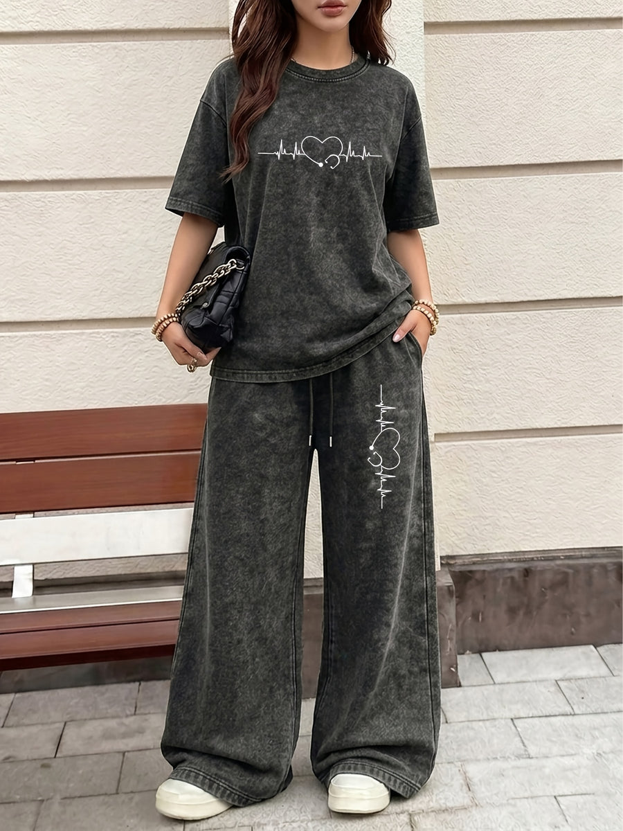 Easy Style Heartbeat Line Heart EKG Pattern Print, Women'S 2Pcss Set, Women'S Retro Washed Fabric Loose Casual Round Neck Short Sleeve T-Shirt And Elastic Waist Drawstring Retro Washed Casual Athletic Long Pants Women'S 2Pcss Set - Black+black