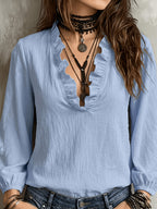 Women's Elegant and Comfortable Loose-Fit Vintage Style Ruffle V-Neck Lantern Sleeve Shirt, Versatile Top for a Feminine Look - Sky Blue