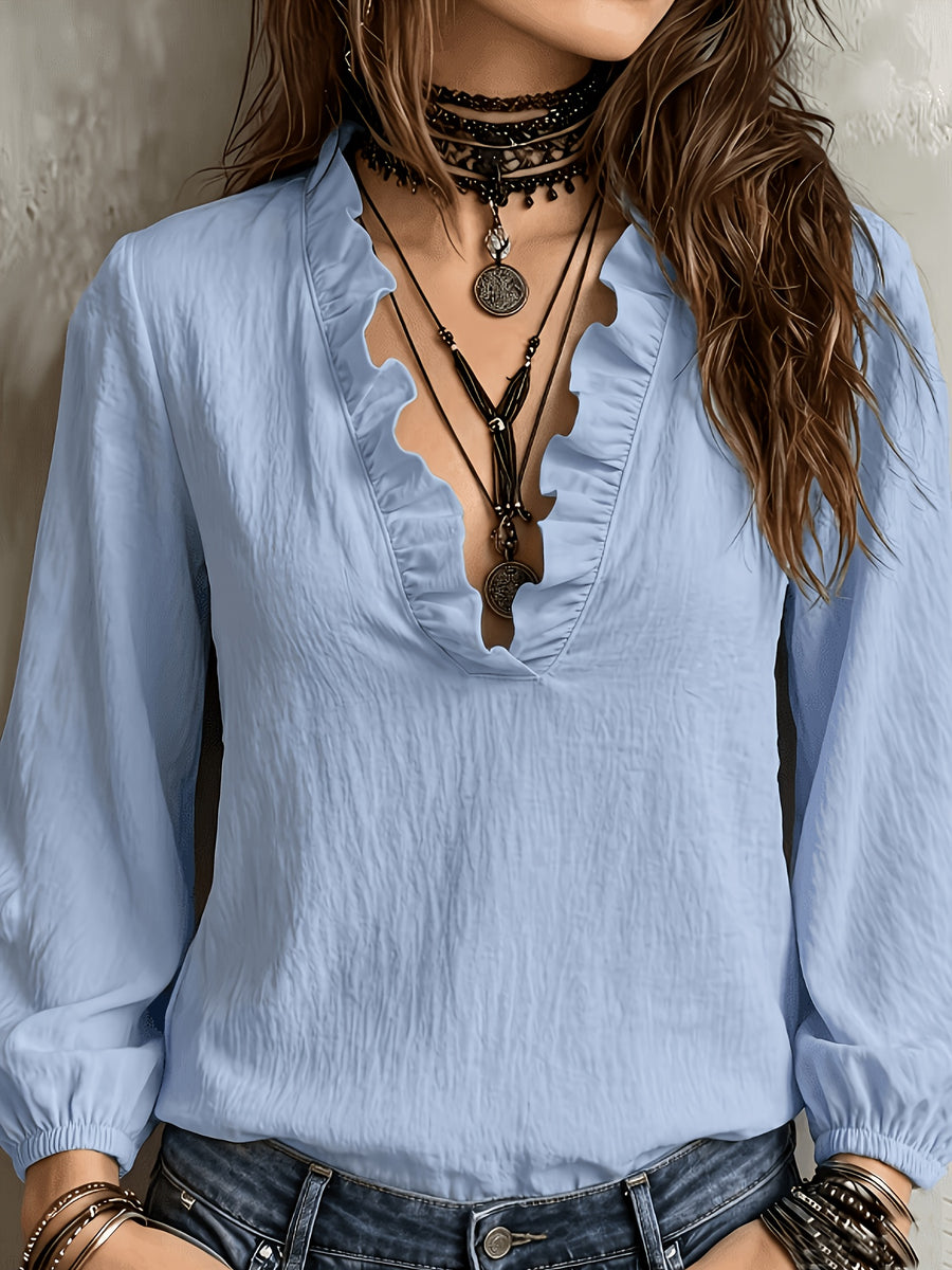 Women's Elegant and Comfortable Loose-Fit Vintage Style Ruffle V-Neck Lantern Sleeve Shirt, Versatile Top for a Feminine Look - Sky Blue