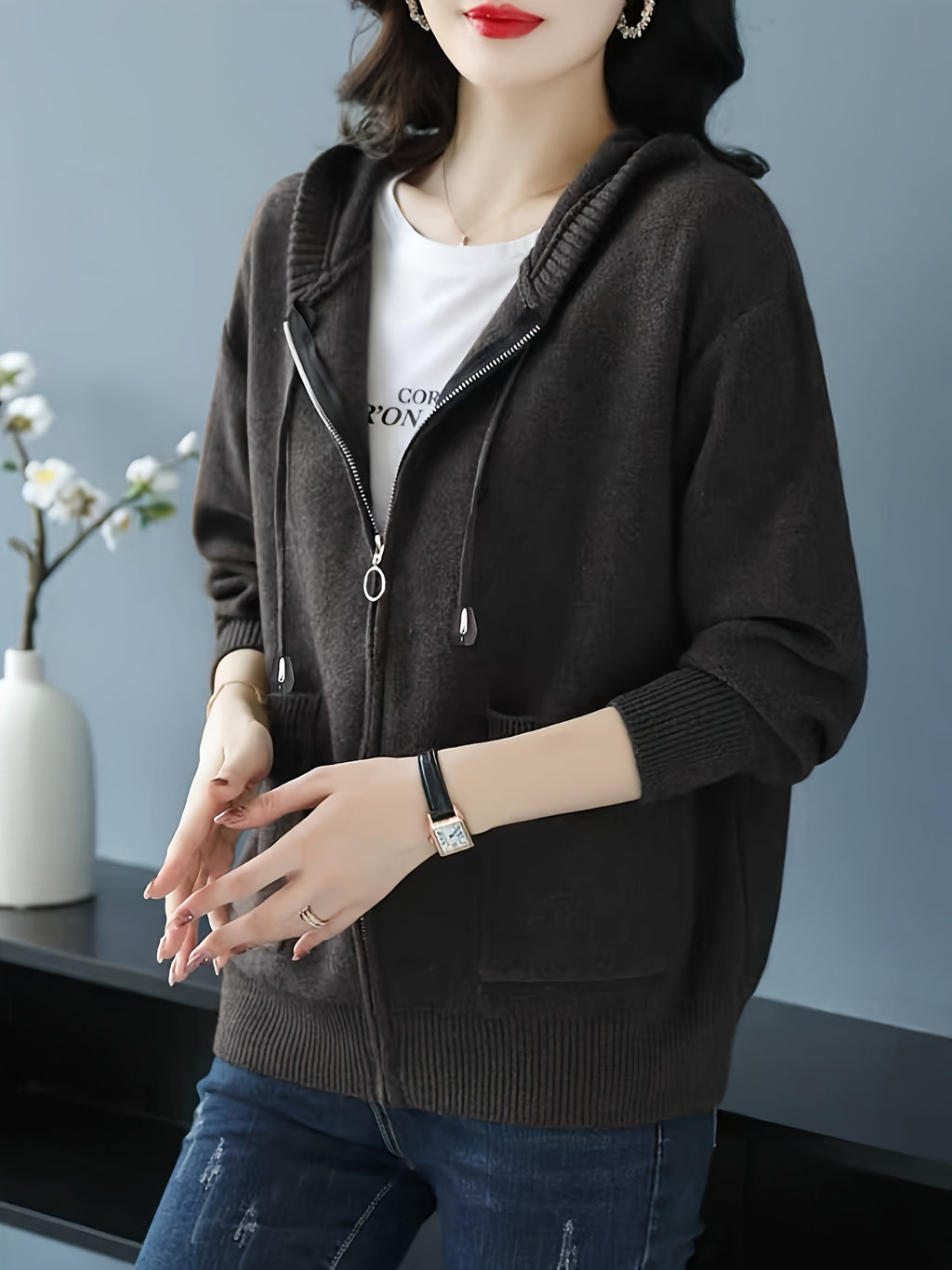 Women's Cardigan, Spring/Autumn Lazy Style Sweater Jacket, Loose Fit Outerwear Hooded Top - Dark Coffee Color