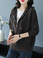 Women's Cardigan, Spring/Autumn Lazy Style Sweater Jacket, Loose Fit Outerwear Hooded Top - Dark Coffee Color