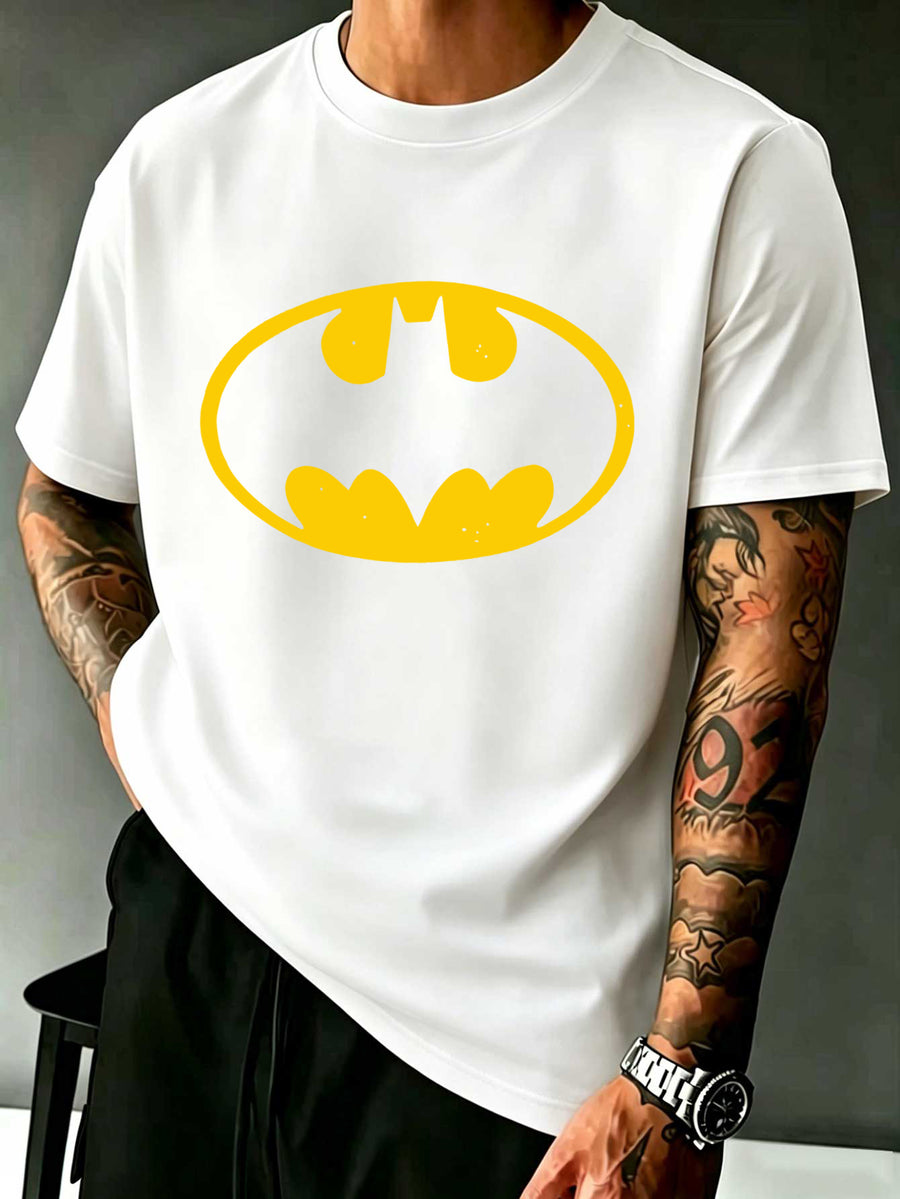 Warner Licensed DC Distressed Granular Yellow Oval Batman Batman Classic Badge Easy Print Loose Round Neck Short Sleeve T-Shirt - White