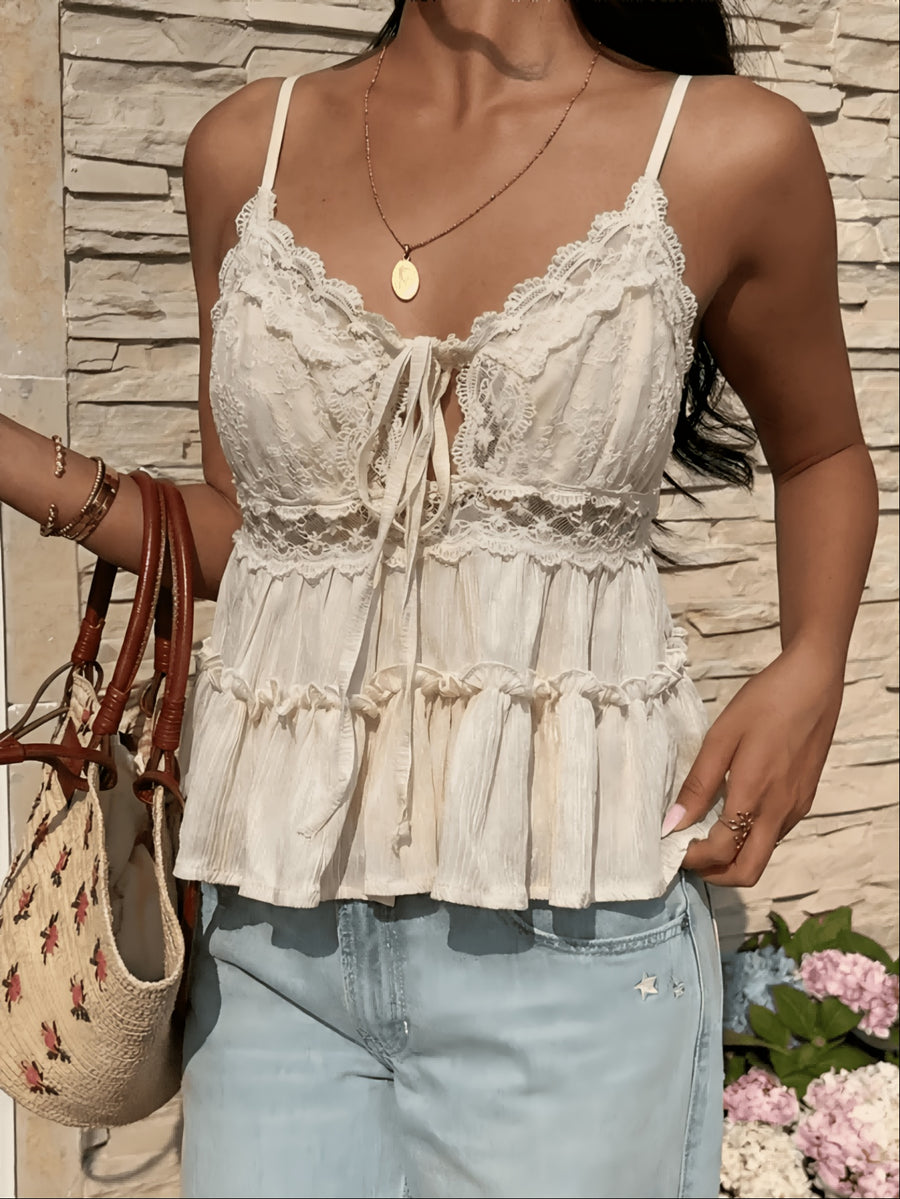 Women'S Apricot Lace Camisole Sexy Top, Solid Fabric with Lace Splice, Suitable for Date Night, Beach Party Summer - Apricot