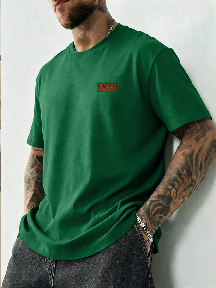 Summer New Men'S Regular Fit Short Sleeve T-Shirt with Chest Brown Small Label Text Print Easy Comfortable Casual Outing Commute All-Match Round Neck Top - Green