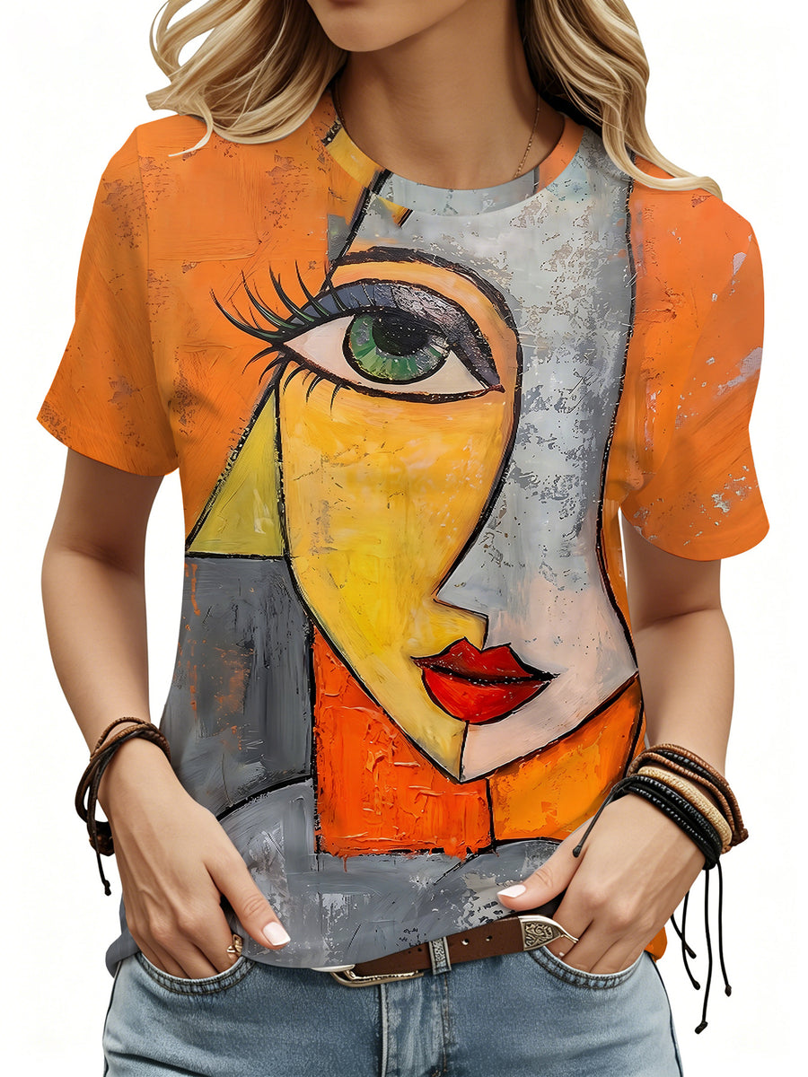 Women'S Summer Orange Vibrant Color Pattern Printed Round Neck Short Sleeve T-Shirt, Breathable Short Sleeve Casual Top, Summer Daily Comfortable Wear - Mixed colors