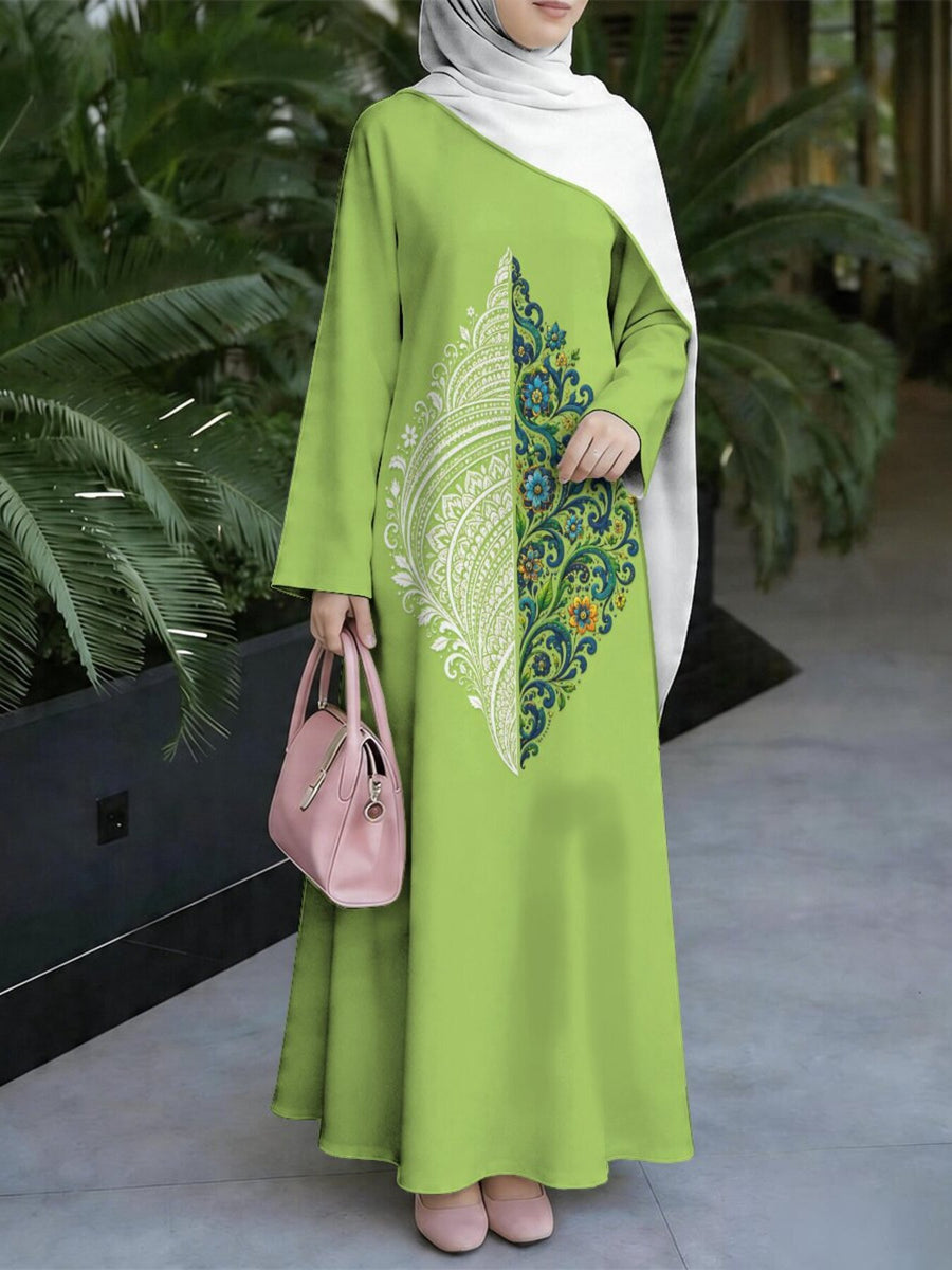 Women's Middle Eastern Style Muslim Elegant Robe, Bright Green Contrast Color Ethnic Pattern Print Long Dress, Loose Straight Cut with Long Sleeves, for Banquets, Prayers, and Outings, Loose Fit Flattering Figure, Non-Embroidered, Exotic Style Muslim - Mixed colors