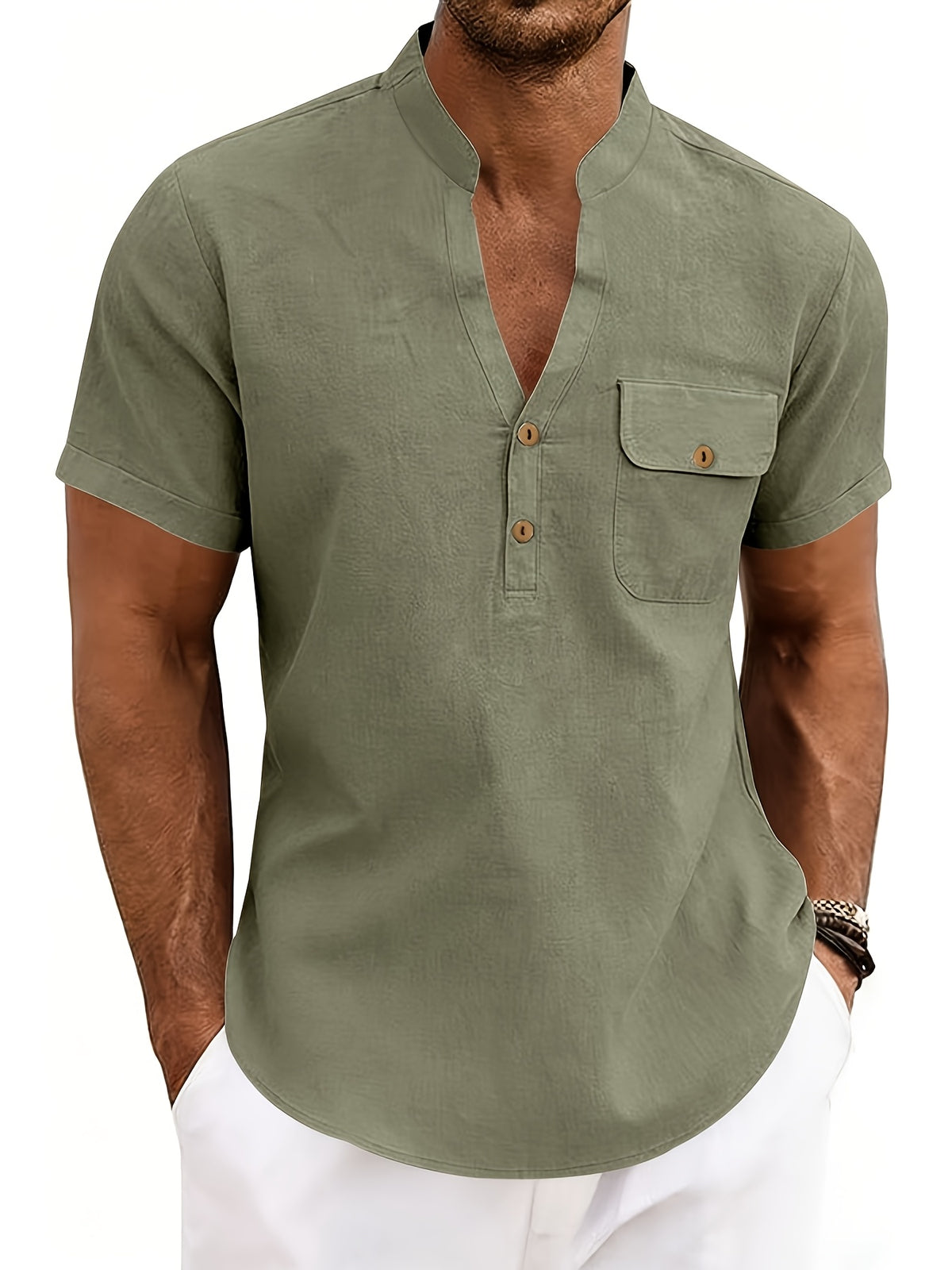 Men's Outdoor Travel Business Simple and Stylish Solid Color V-Neck Half-Open Placket Summer Breathable Comfortable Casual Short-Sleeve Henley Collar T-Shirt - Military Green