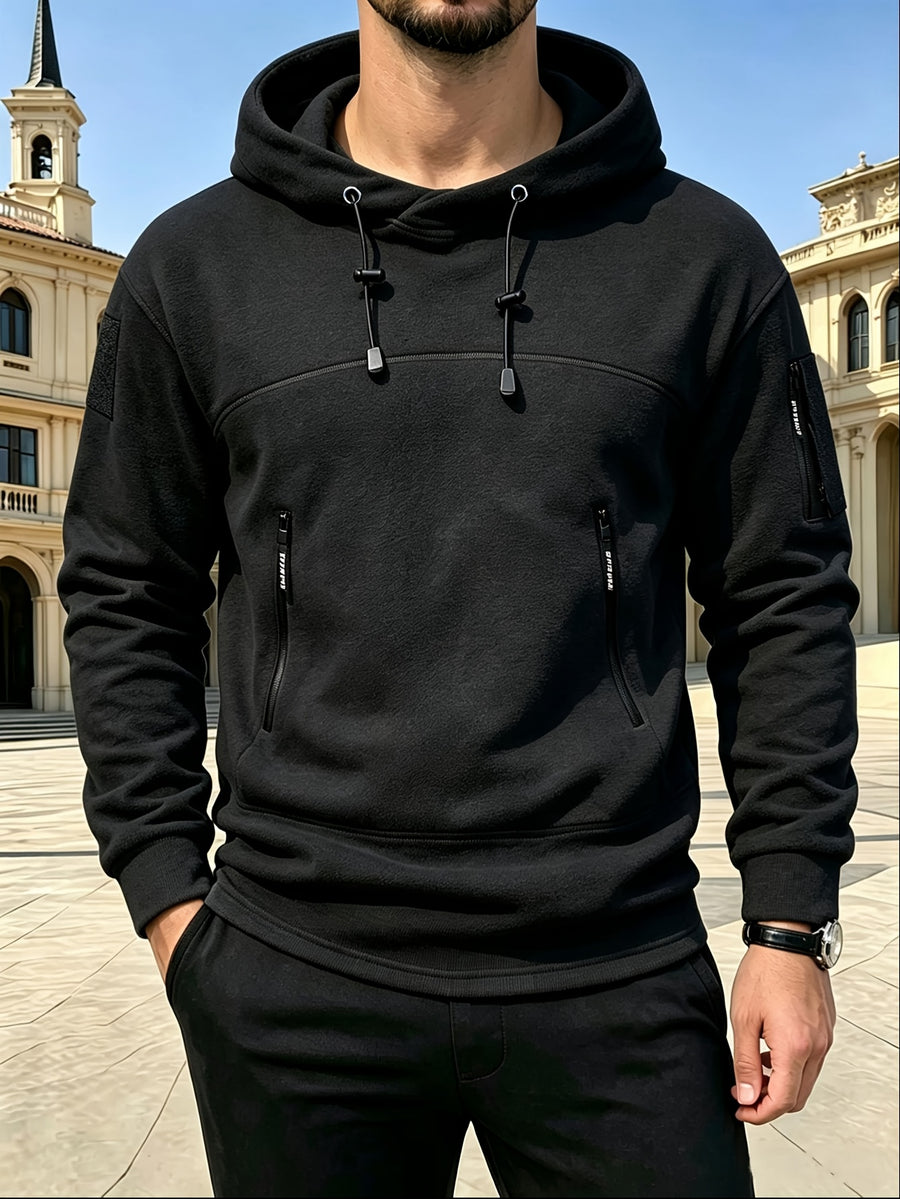 Men's Polar Fleece Tactical Hoodie, Long Sleeve Pullover Hooded Sweatshirt with Multi Zipper Pockets, Casual Outdoor Warm Hooded Top for Daily Hiking Travel - Black