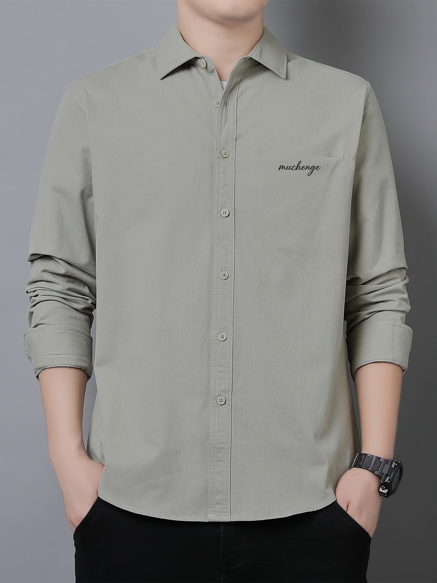 Men'S Long Sleeve Shirt with Lapel, Easy Letter Print Solid Color Hidden Single Pocket Casual Shirt, Washed Breathable Fabric, Spring/Autumn Commute Daily Wear Men'S Top, Inner And Outer Wear Multi-Color Available - Bean Green