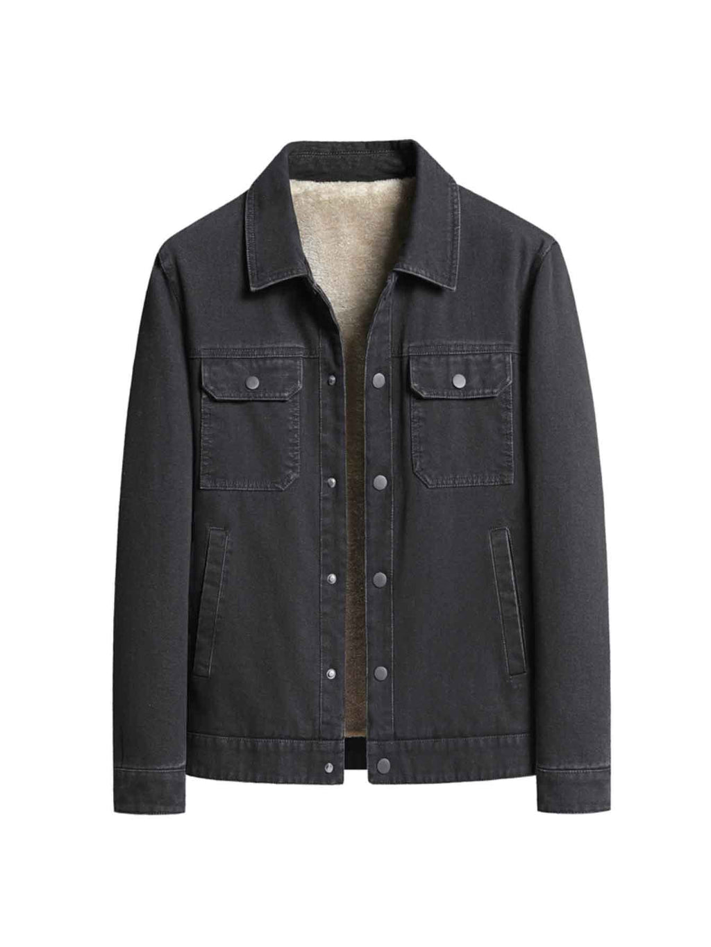 High-Quality Fashion Lapel Fleece-Lined Denim Jacket, Single-Breasted Simple Solid Color Men's Jacket with Large Pockets, Stylish Winter Thickened Men's Coat - Black