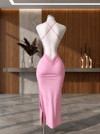 Y2K Women'S Elegant Versatile Solid Color Cami Backless Long Dress, Back Ruched Fitted Bodycon Dress, Suitable for Socialite Temperament Evening Parties - Pink
