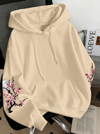Women'S Fashion Cherry Blossom And Letter Print Casual Hooded Sweatshirt - Apricot