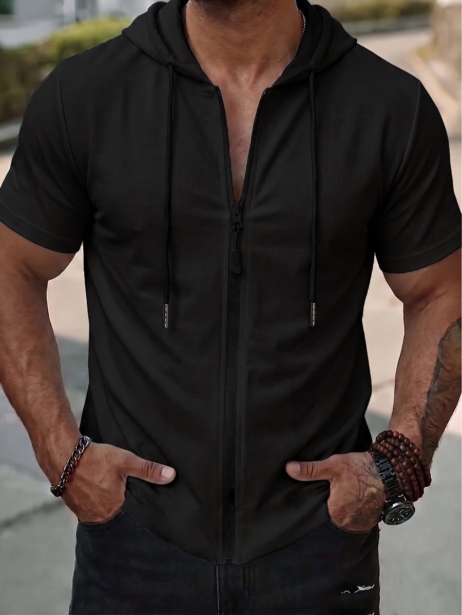 New Summer Solid Color Men's Hooded Full-Zip Short Sleeve Drawstring Outdoor Sports Commuting Simple Fashion Outfit, Comfortable, Cool, Casual, and Versatile 2HLT79 - Black
