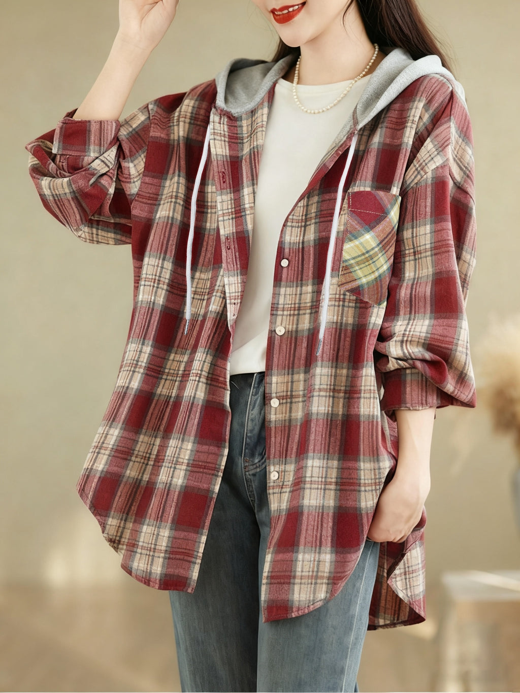 Women'S Casual Plaid Long Sleeve Hooded Shirt, Beautiful Twill Checkered Pattern, Hooded Design, Open Front Button-Up Shirt, Loose Fit, Perfect for Spring And Autumn Daily Outings, Outdoor Casual - Red check